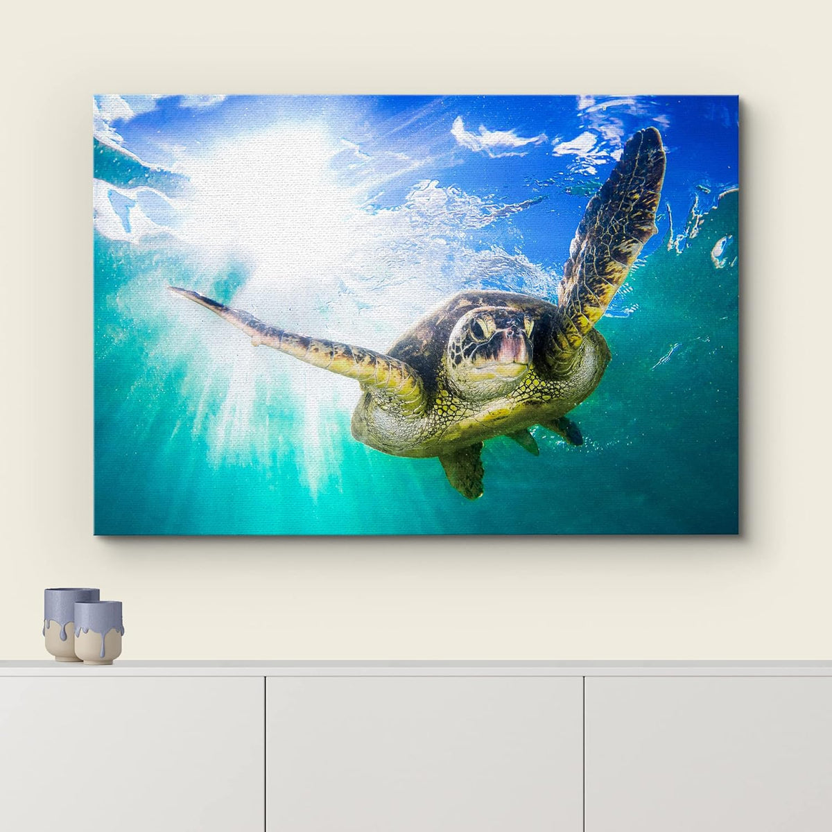 wall26 Canvas Print Wall Art Sunlight Tropical Ocean Underwater Turtle Nature Animals Photography