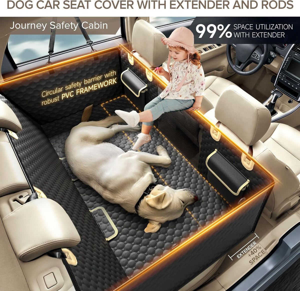 Back Seat Extender for Dogs, PVC Rods Support and Hard Bottom Car Seat Cover for Dogs, Heavy Duty