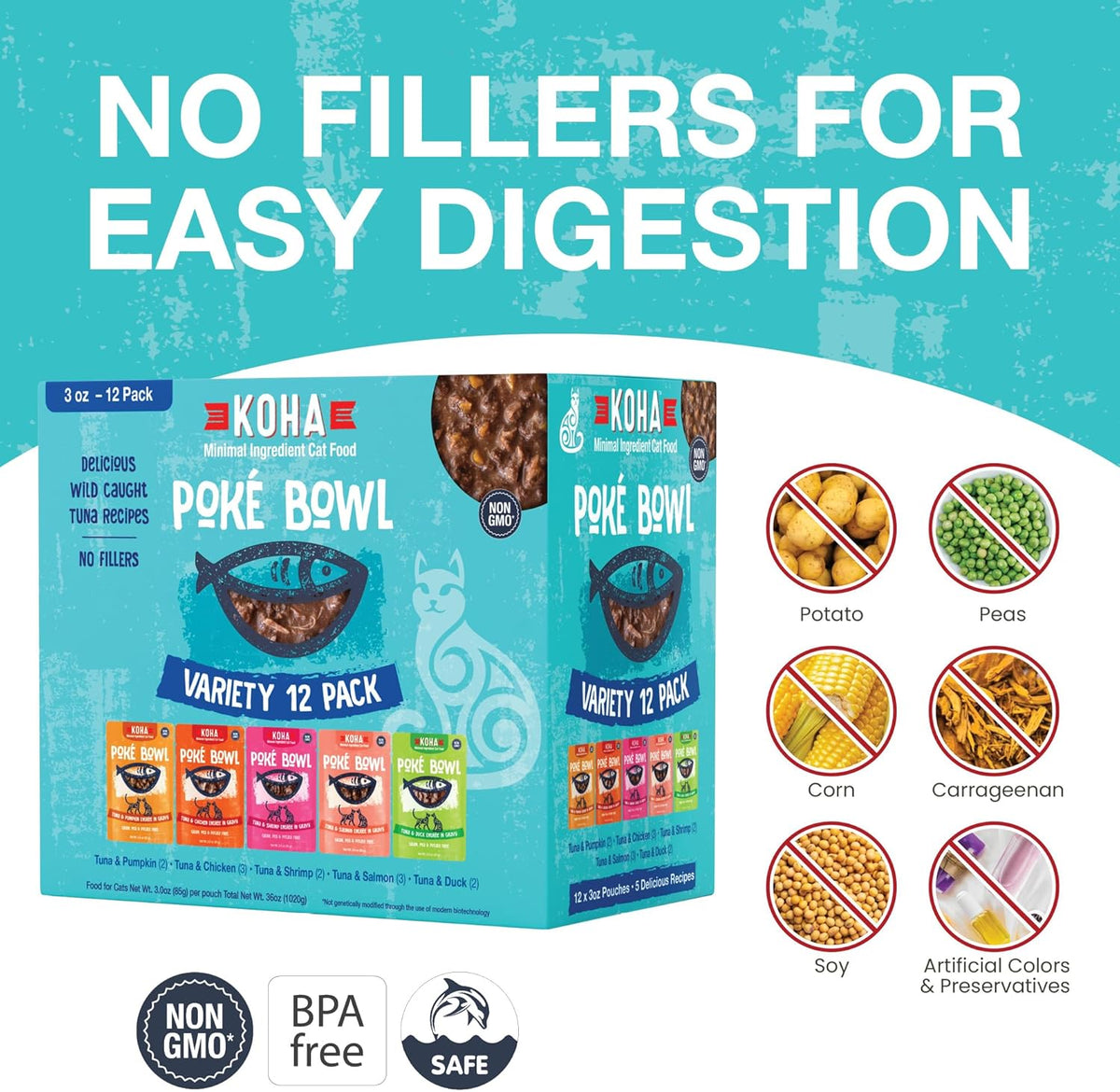 KOHA Pet Food Poké Bowl Cat Variety Pack, Wet Cat Food in Gravy - 5 Flavors - Tuna Combinations of