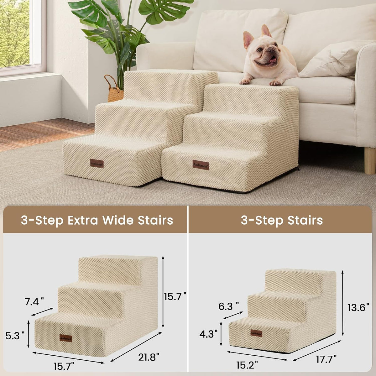 Dog Stairs for Small Dogs & Cats, 3-Step Extra Wide Non-Slip Pet Steps for Couch Sofa and Chair