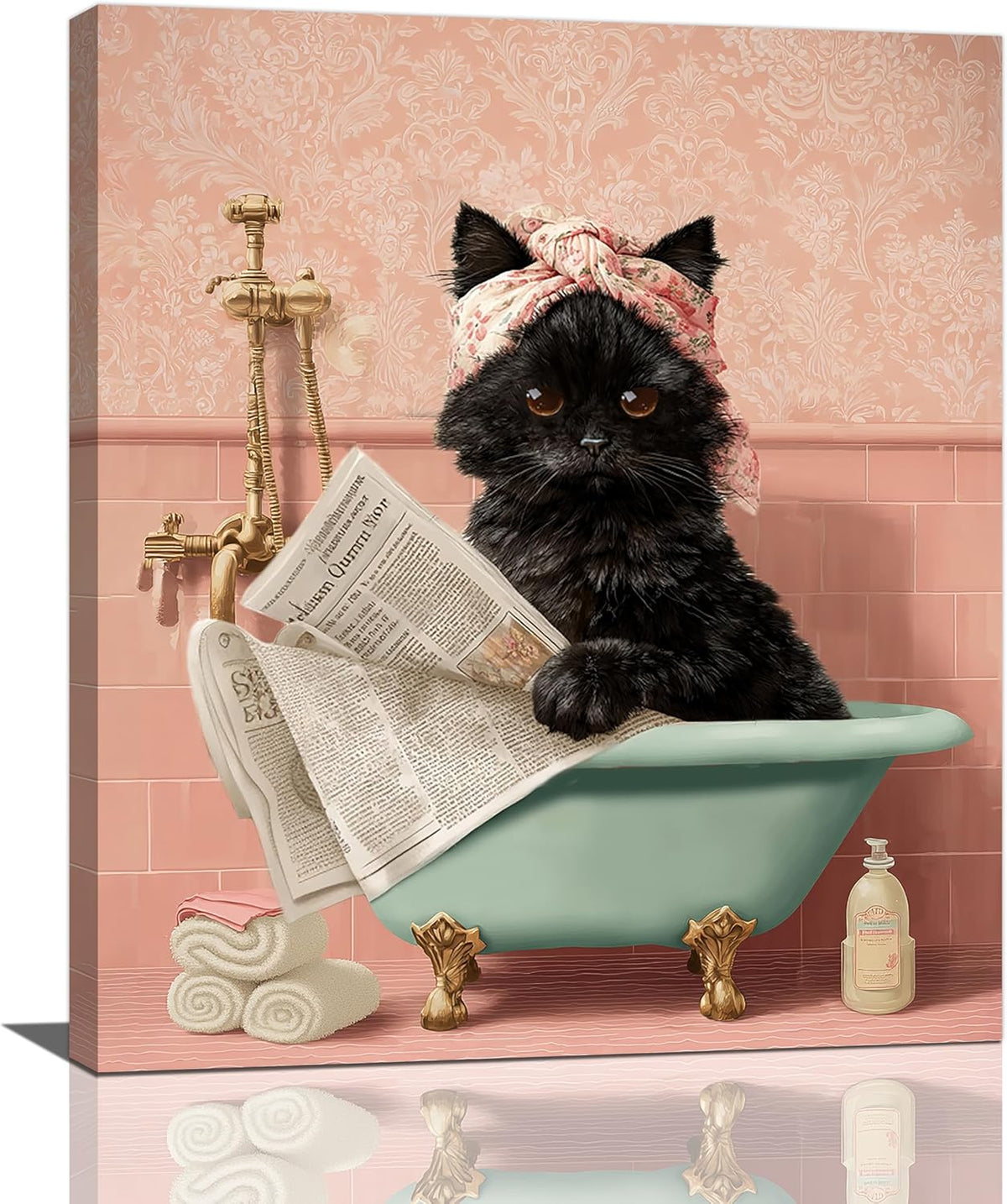 Cat Bathroom Wall Decor Black Cat Reading Newspaper in Bathtub Canvas Wall Art Funny Bathroom