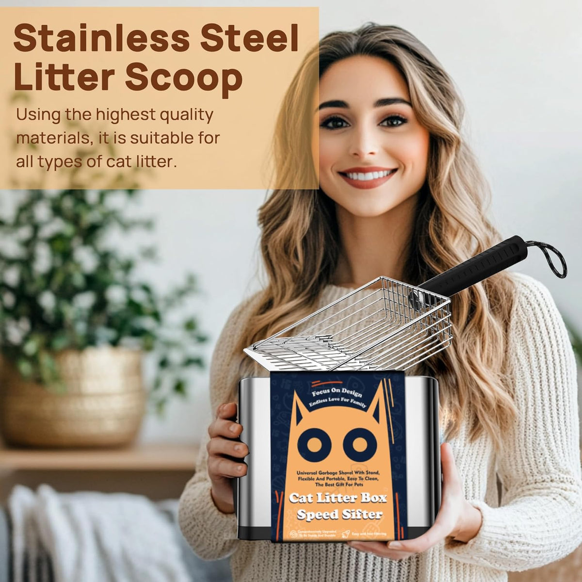 Heavy Duty Stainless Steel Cat Litter Scoop with Holder - Non-Slip Handle, Quick-Sifting Grid &