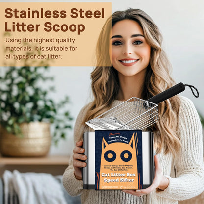 Heavy Duty Stainless Steel Cat Litter Scoop with Holder - Non-Slip Handle, Quick-Sifting Grid &