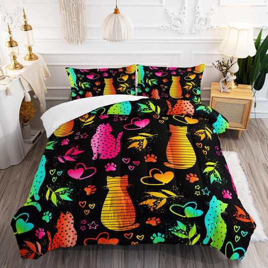 Kawaii Cat Animal Comforter 3Pcs Full Lovely Pet Cat Bedding Set for Kid Teen Girl Boy Adult Room
