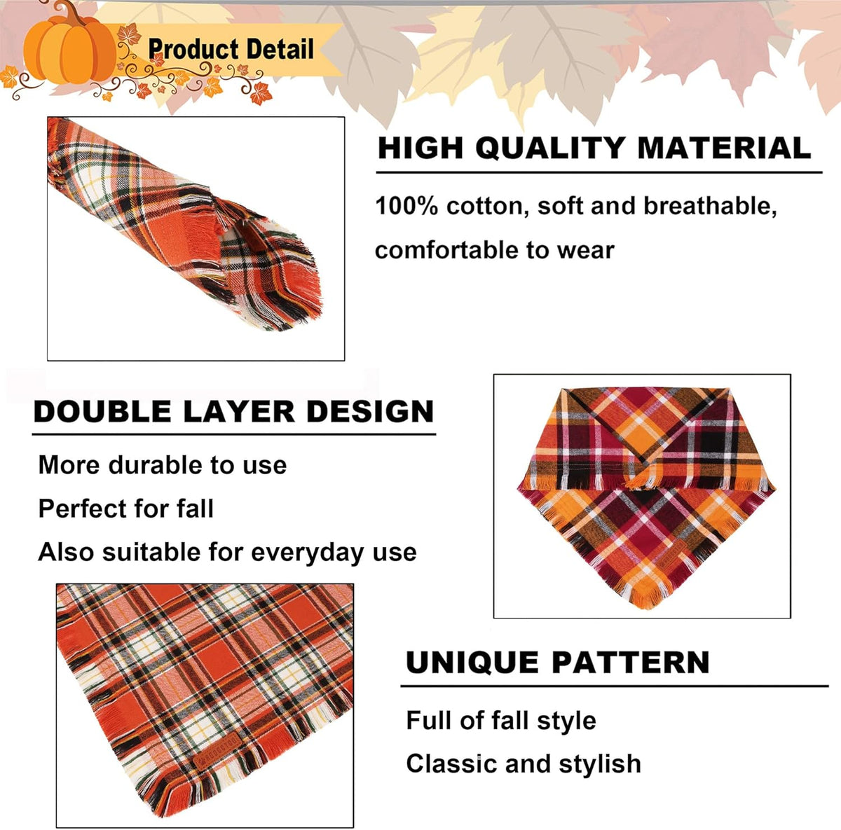 ADOGGYGO Fall Dog Bandana with Tassels Edges, Stylish Orange Plaid Pet Scarf, Multiple Size