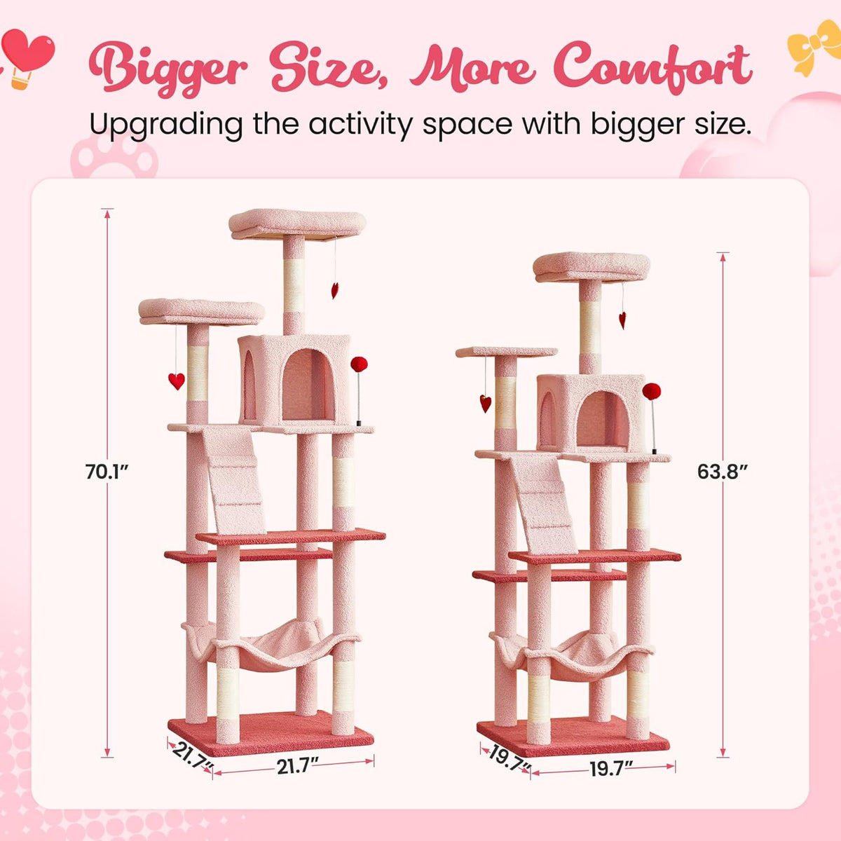 MWPO Cute Cat Tree, 70.1-Inch Tall Pink Cat Tower for Indoor Cats Large Adult, Multi-Level Cat
