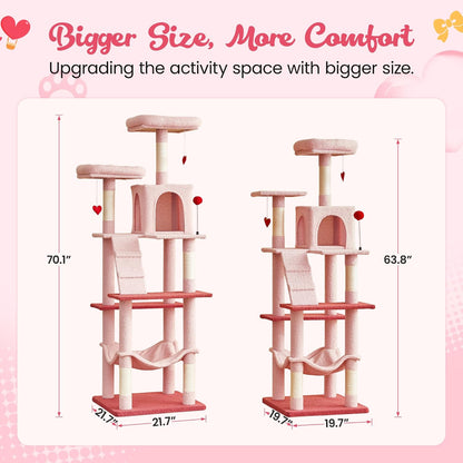 MWPO Cute Cat Tree, 70.1-Inch Tall Pink Cat Tower for Indoor Cats Large Adult, Multi-Level Cat