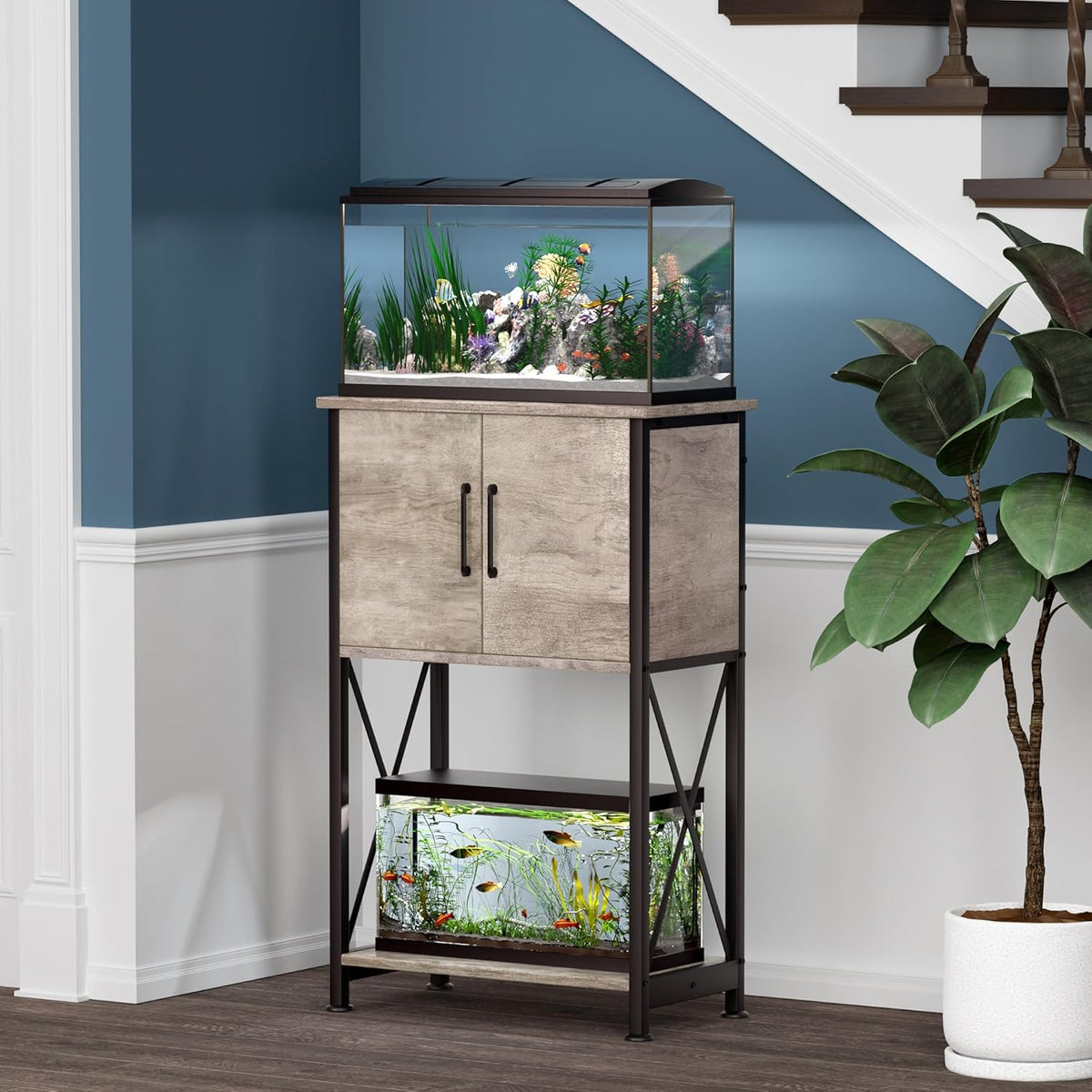5-10 Gallon Fish Tank Stand, Metal Double Aquarium Stand with Cabinet for Fish Tank Accessories