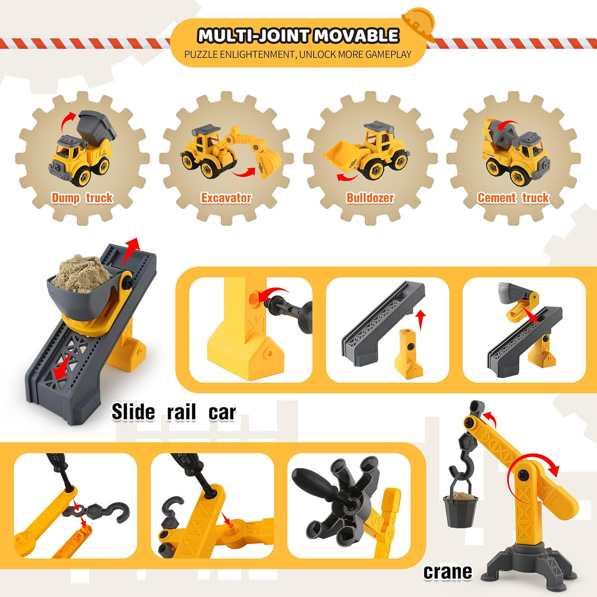 Asoxt 43-Piece Construction Sensory Playset – 2 lbs Play Sand, 4 DIY Trucks, Crane & Road Signs