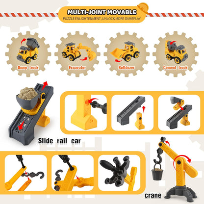 Asoxt 43-Piece Construction Sensory Playset – 2 lbs Play Sand, 4 DIY Trucks, Crane & Road Signs
