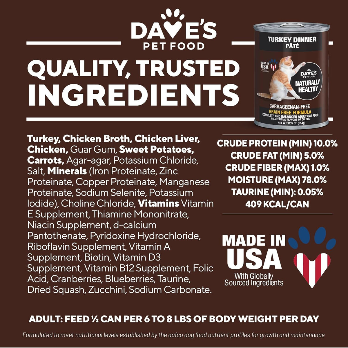 Dave's Pet Food Grain Free Wet Canned Cat Food (Turkey), Made in USA Naturally Healthy, Added