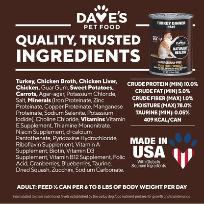 Dave's Pet Food Grain Free Wet Canned Cat Food (Turkey), Made in USA Naturally Healthy, Added