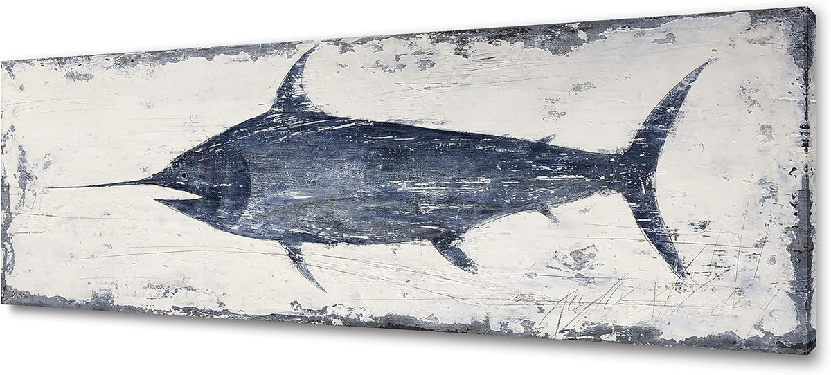 Yihui Arts Indigo Blue Swordfish Canvas Wall Art Painting Pictures for Living Room Bedroom Bathroom