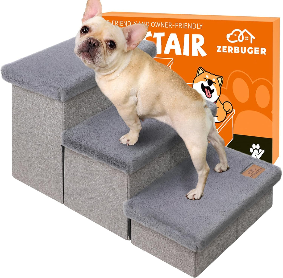 Dog Stairs with Furry Lids 18" H, 3-Step Wider Dog Steps with Storage for Small/Medium/Large Old