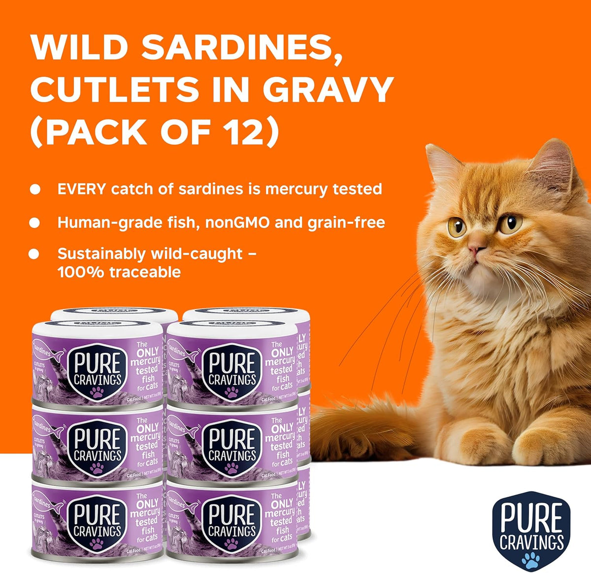 Wet Cat Food Canned Sardines Cutlets in Gravy, Every Catch is Mercury-Tested, Moist Can Fish for