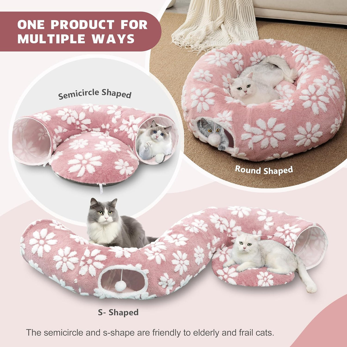 Cat Tunnel for Indoor Cats, Cute Peekaboo Cat Cave with Dangling Balls, Pet Donut Tunnel Bed with