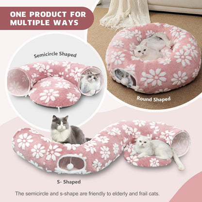Cat Tunnel for Indoor Cats, Cute Peekaboo Cat Cave with Dangling Balls, Pet Donut Tunnel Bed with