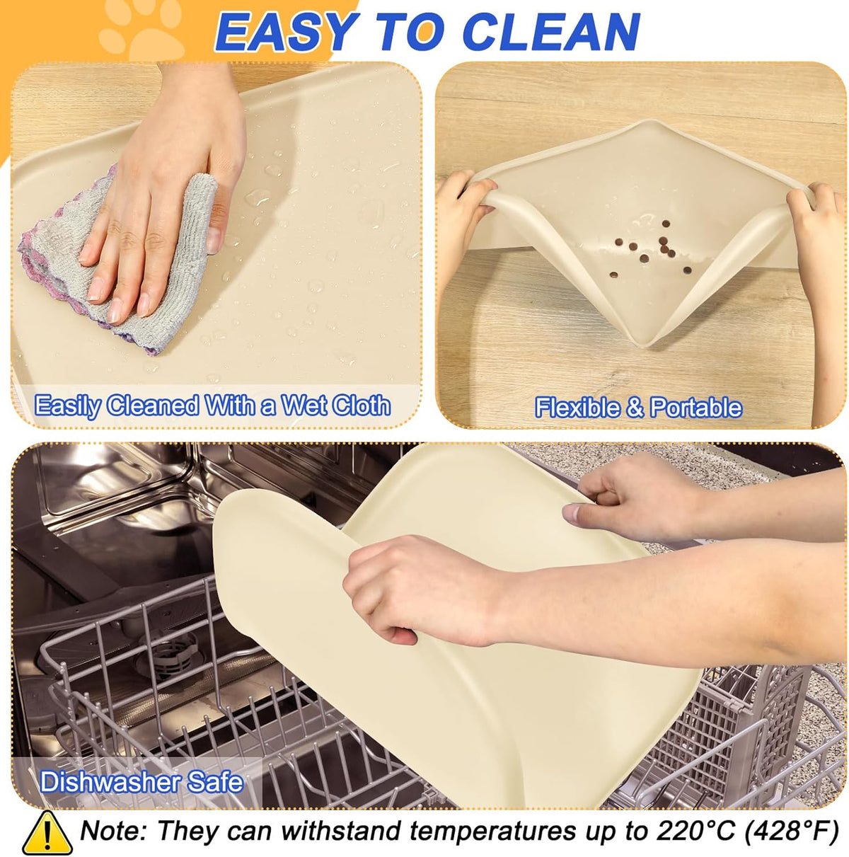 Silicone Pet Feeding Mat with Raised Edge for Food and Water, Dog Bowl Mats, Cat Bowls Placemat