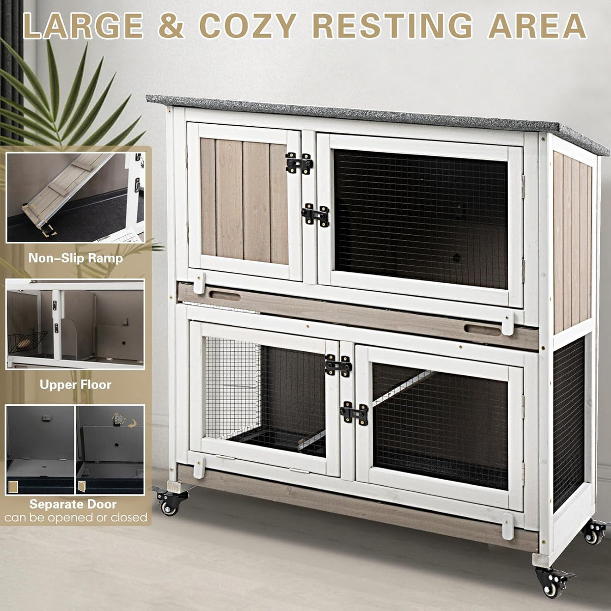 36" L Rabbit Hutch Indoor with 4 Metal Wheels, 2-Story Wooden Bunny Hutch Outdoor Bunny Cage, 2