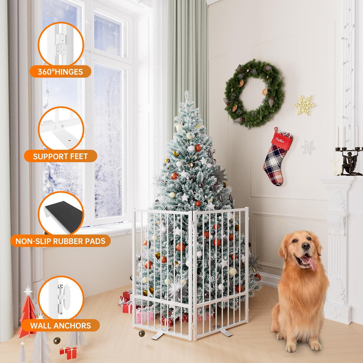 Full Metal Freestanding Dog Gate with Door, 36''Height Foldable Pet Dog Fence for Indoor & Outdoor