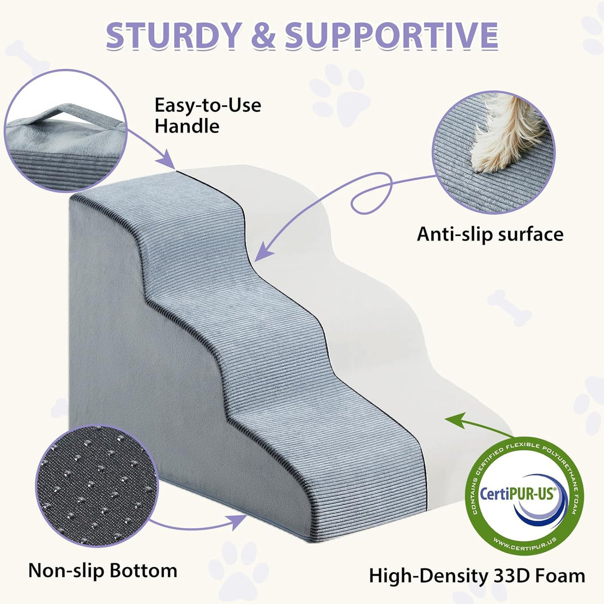Dog Steps for Bed, 4-Steps Dog Ramp for Bed, Pet Stairs with Highly Supportive Foam and Non-Slip