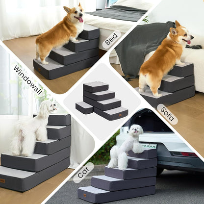 4-Step Adjustable Dog Stairs for Beds, Dog Steps for Small Dogs and Cats, Foldable Pet Stairs for