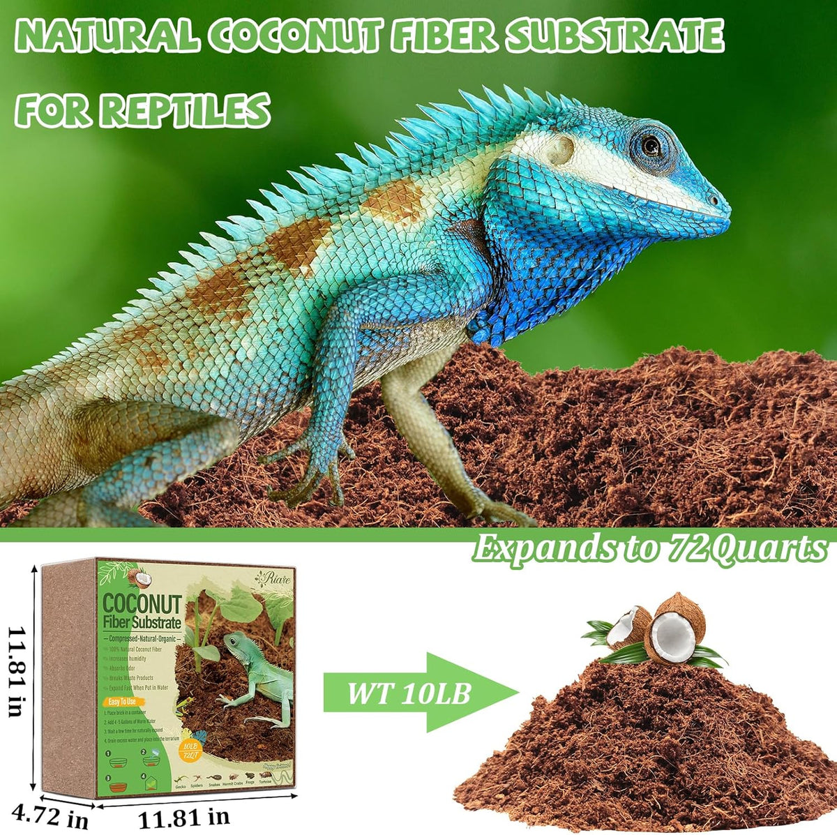 Riare 10LBS Natural Coconut Fiber Substrate for Reptile- Premium Compressed Coconut Husk Terrarium