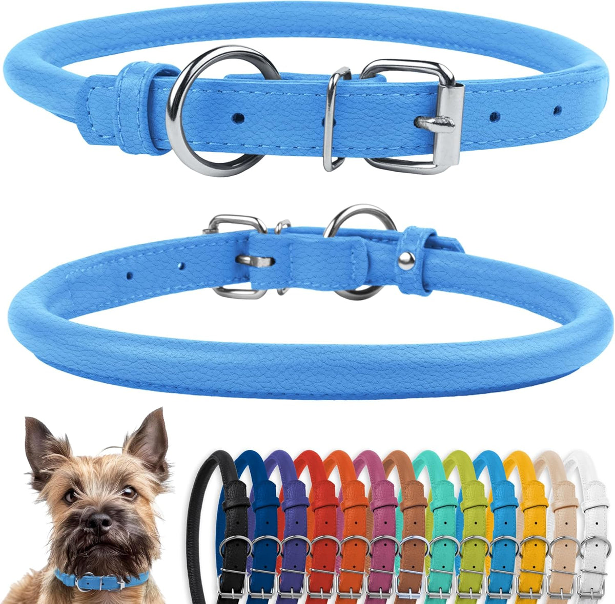 CollarDirect Rolled Leather Dog Collar, Soft Padded Round Puppy Collar, Handmade Genuine Leather