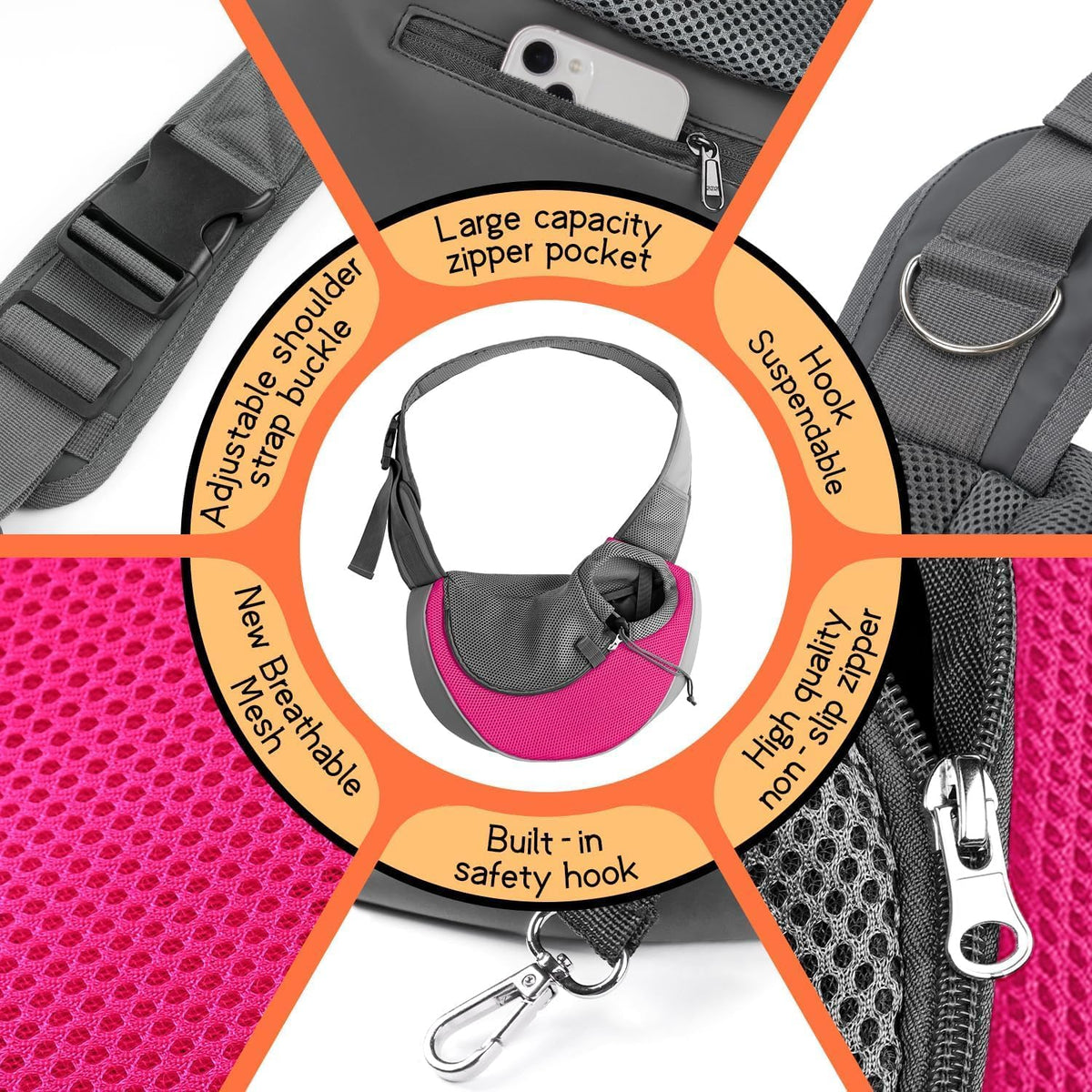 YUDODO Pet Sling Carrier for Small Dogs & Cats – Hands-Free Puppy Carrier with Safety Hook, Large
