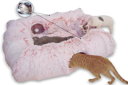XxingSheep 4 Cave Shuttled XL Cat Tunnel Bed for Indoor Cats Peekaboo Toy Donut with Warm Mat