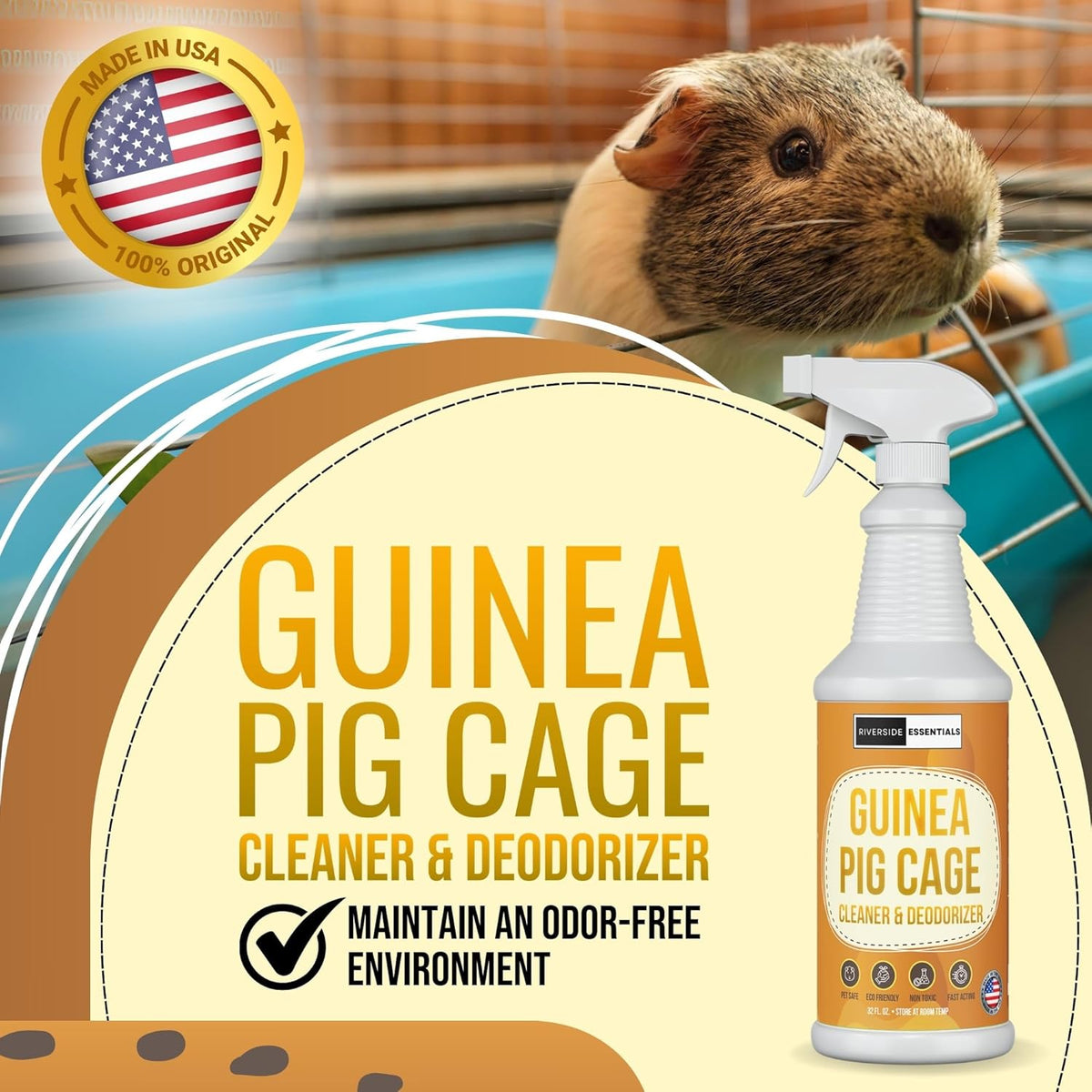 32oz Guinea Pig Cage Cleaner & Deodorizer Spray - Safe & Effective Odor Eliminator for Small Animal