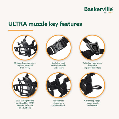 BASKERVILLE ULTRA MUZZLE - Patented Humane Design, Breathable, Dog can Pant and Drink, Adjustable