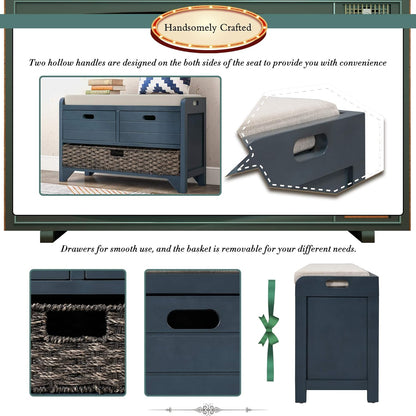 Storage Bench Removable Basket 2 Drawers Fully Assembled Acacia Wood Shoe Bench Standing Shoe Rack