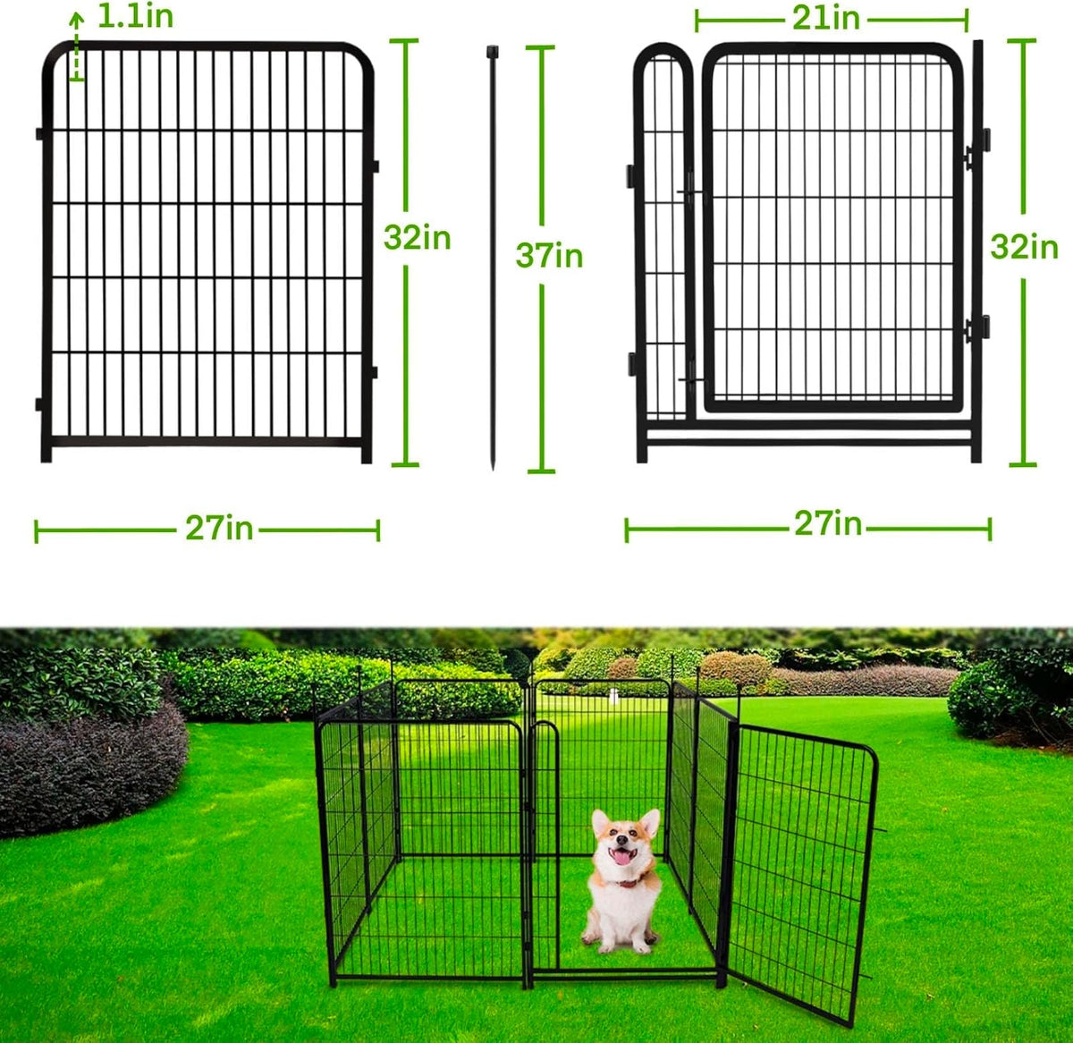 Garden Fencing 32 inch High, 12 Panels Total 26.6 Ft(L) Dog Fence Outdoor for Yard, Gate 21 Inches