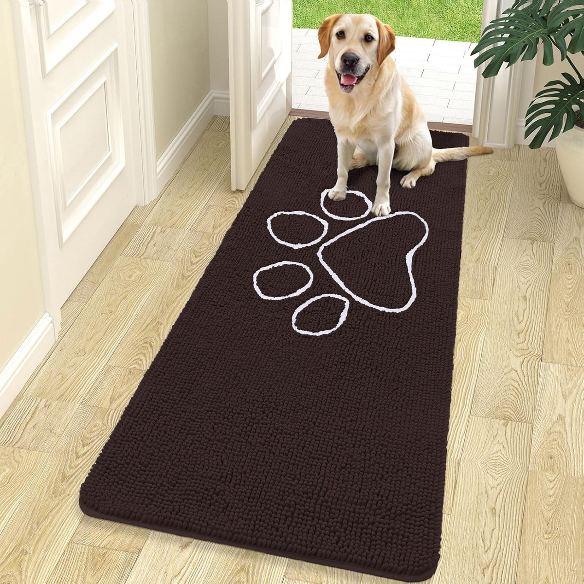 OLANLY Door Mat for Muddy Dog Paws 70x24, Ultra Absorbent Chenille Mud Doormat with Paw Print