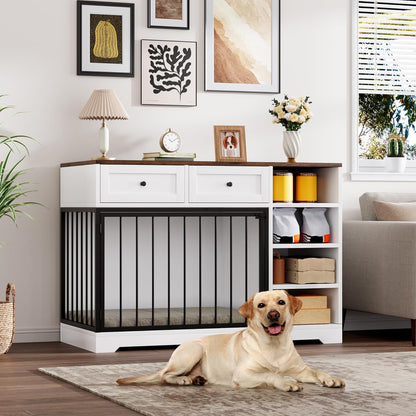 Dog Crate Furniture 47", Large Dog Crate TV Stand with 2 Drawers and 4 Shelves, Wooden Dog Kennel