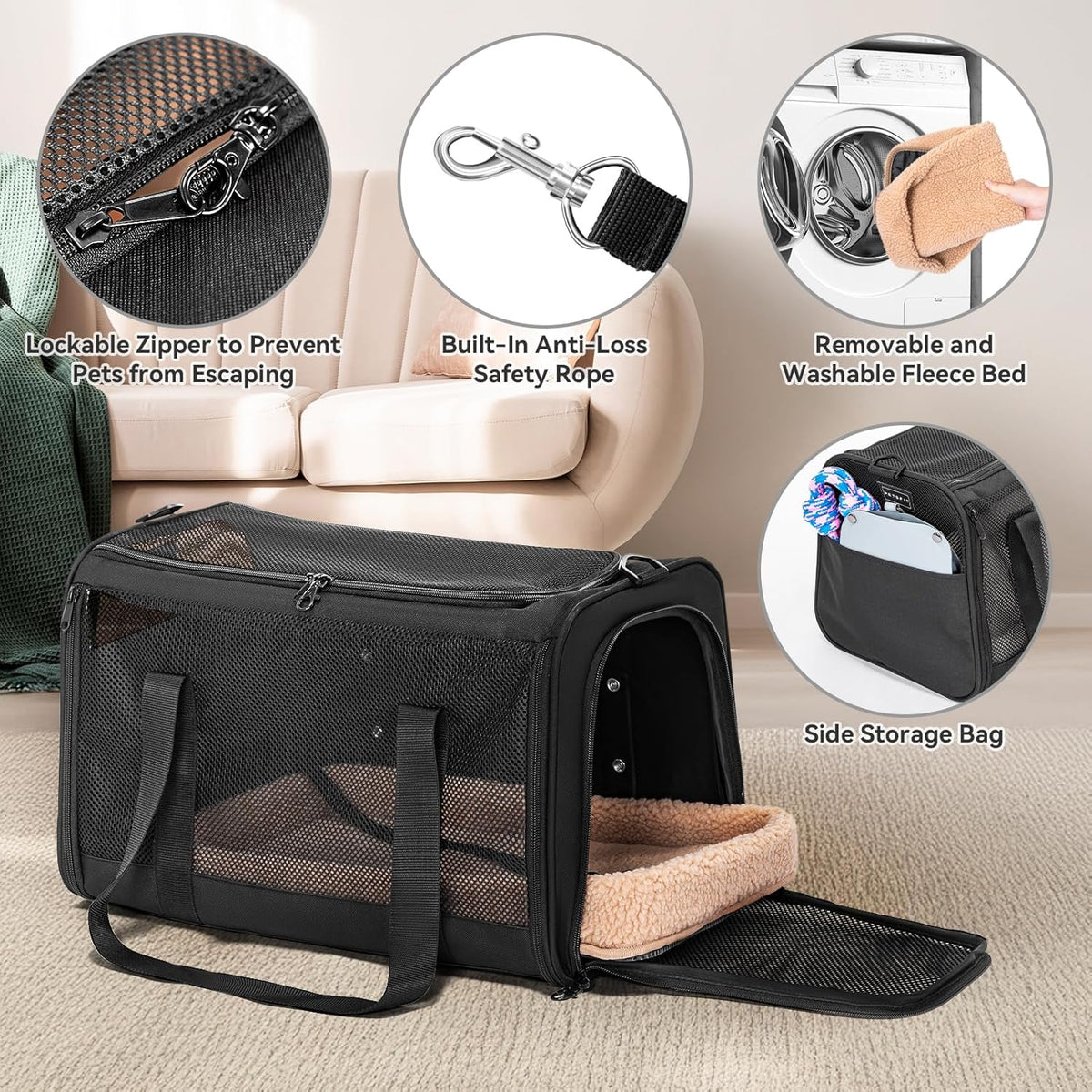 PETSFIT Soft-Sided Cat Carriers & Car Seats with Patent Safe Buckles, Clip-On Harness, 18"x11"x11"