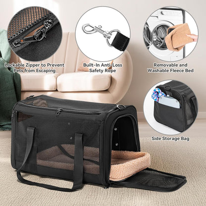 PETSFIT Soft-Sided Cat Carriers & Car Seats with Patent Safe Buckles, Clip-On Harness, 18"x11"x11"