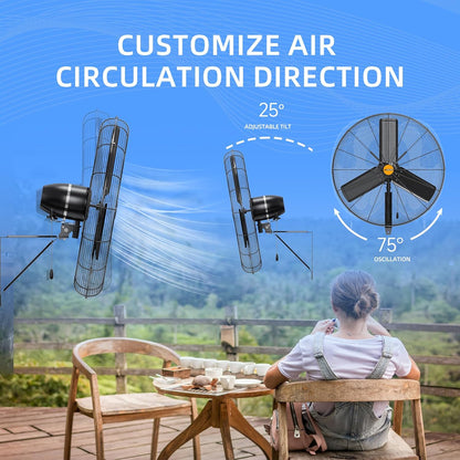 24 inch Outdoor Oscillating Wall Mounted Fan, High Velocity IPX4 Waterproof 7600 CFM Industrial