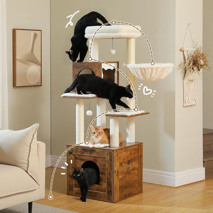 Tall Cat Tree with Litter Box Enclosure 57.5" Wooden Cat Tower for Large Cats with Cat Hammock