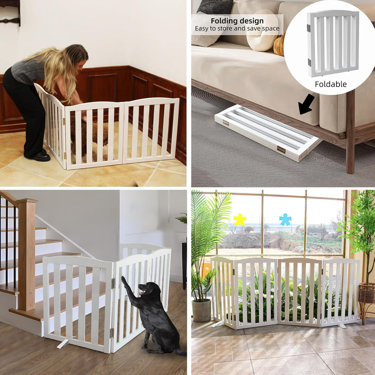ZJSF Foldable Freestanding Indoor Dog Gate for House Wood White Long Pet Gates Dog Fence for Stairs