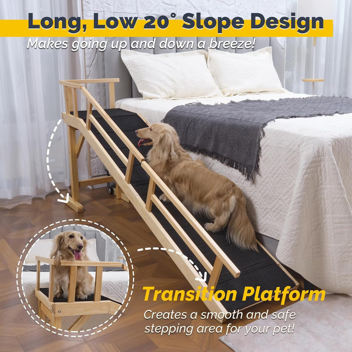 Dog Ramp for Bed or Couch, Wooden Pet Ramp with 20° Gentle Slope, Removable Side Rails, Non-Slip