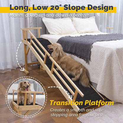 Dog Ramp for Bed or Couch, Wooden Pet Ramp with 20° Gentle Slope, Removable Side Rails, Non-Slip