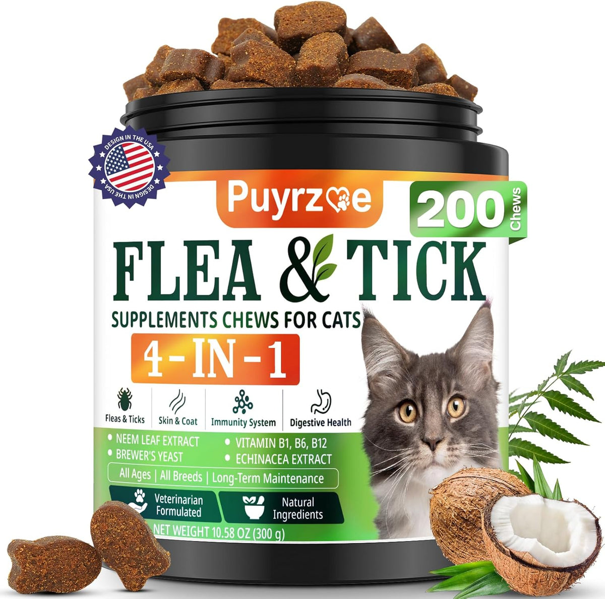 4-in-1 Flea Treatment for Cats Chewable, Natural Cat Flea and Tick Prevention Chewable Supplement