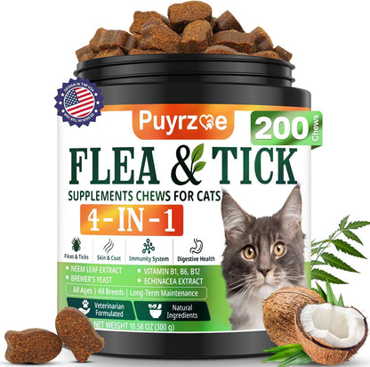4-in-1 Flea Treatment for Cats Chewable, Natural Cat Flea and Tick Prevention Chewable Supplement