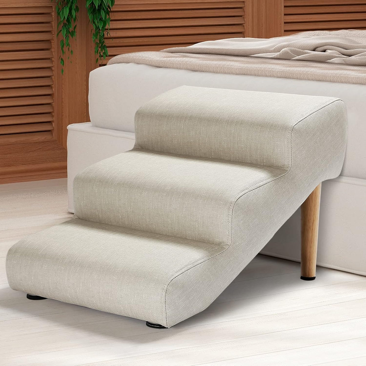Senneny Imitation Linen Faux Leather Dog Stairs, for Pets up to 150 lbs, Waterproof, Scratch