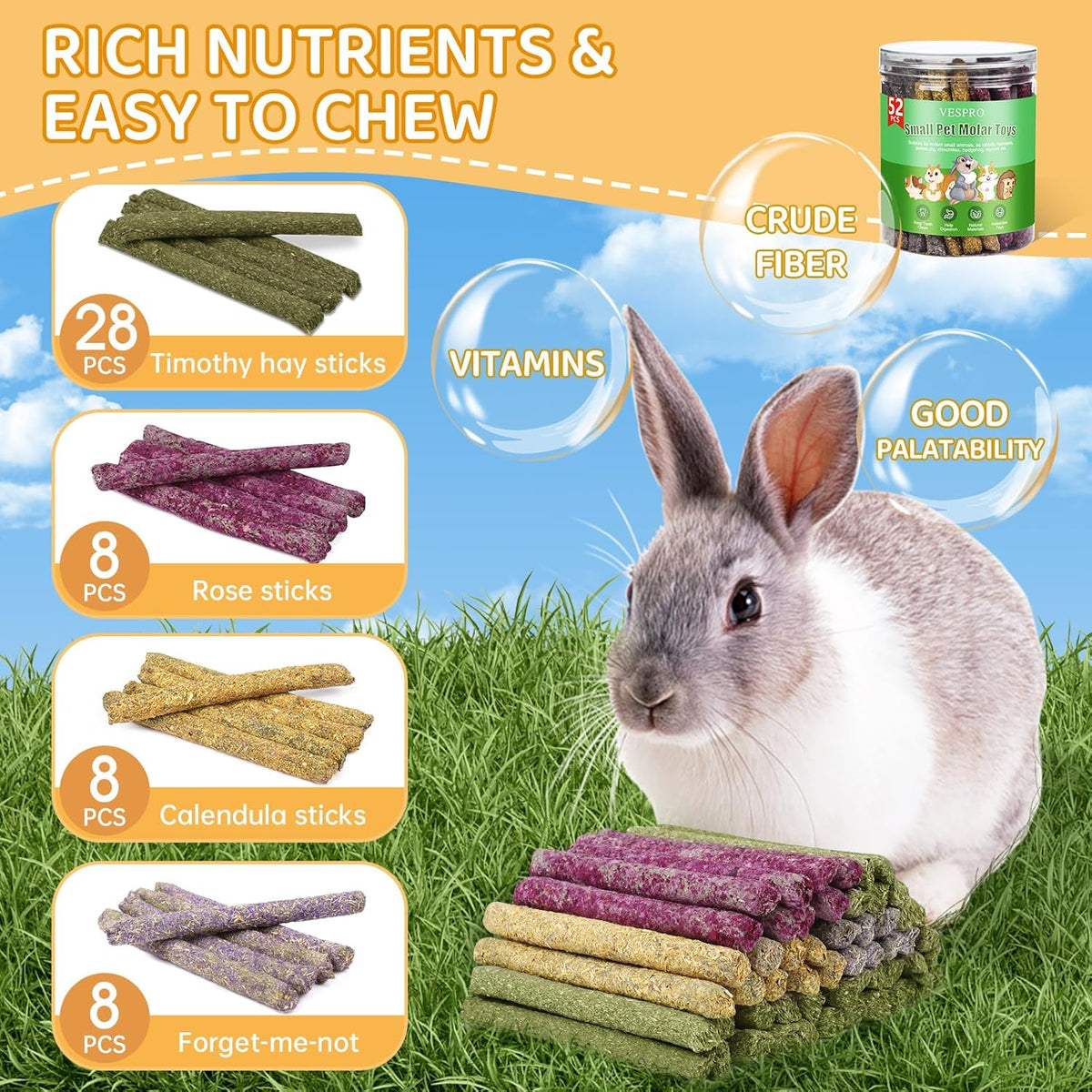 52Pcs Rabbit Chew Sticks, Guinea Pig Toys, Natural Timothy Grass Molar Teeth Stick, Mixing Flowers