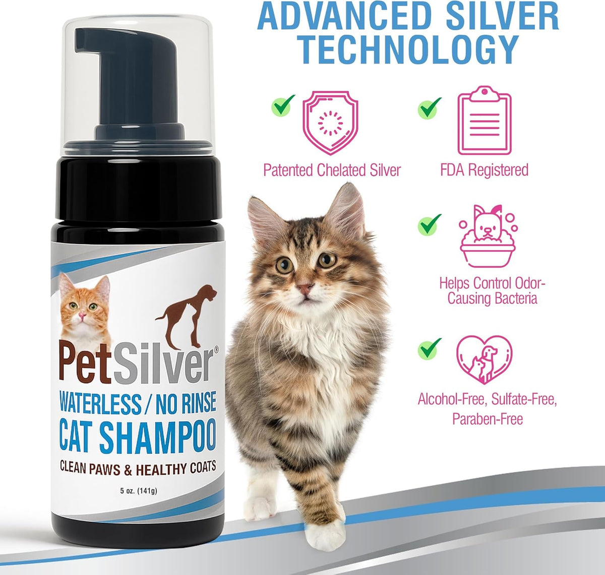 PetSilver Waterless Cat Shampoo - No Rinse Bath & Dry Shampoo for Cats - Long-Haired & Sensitive