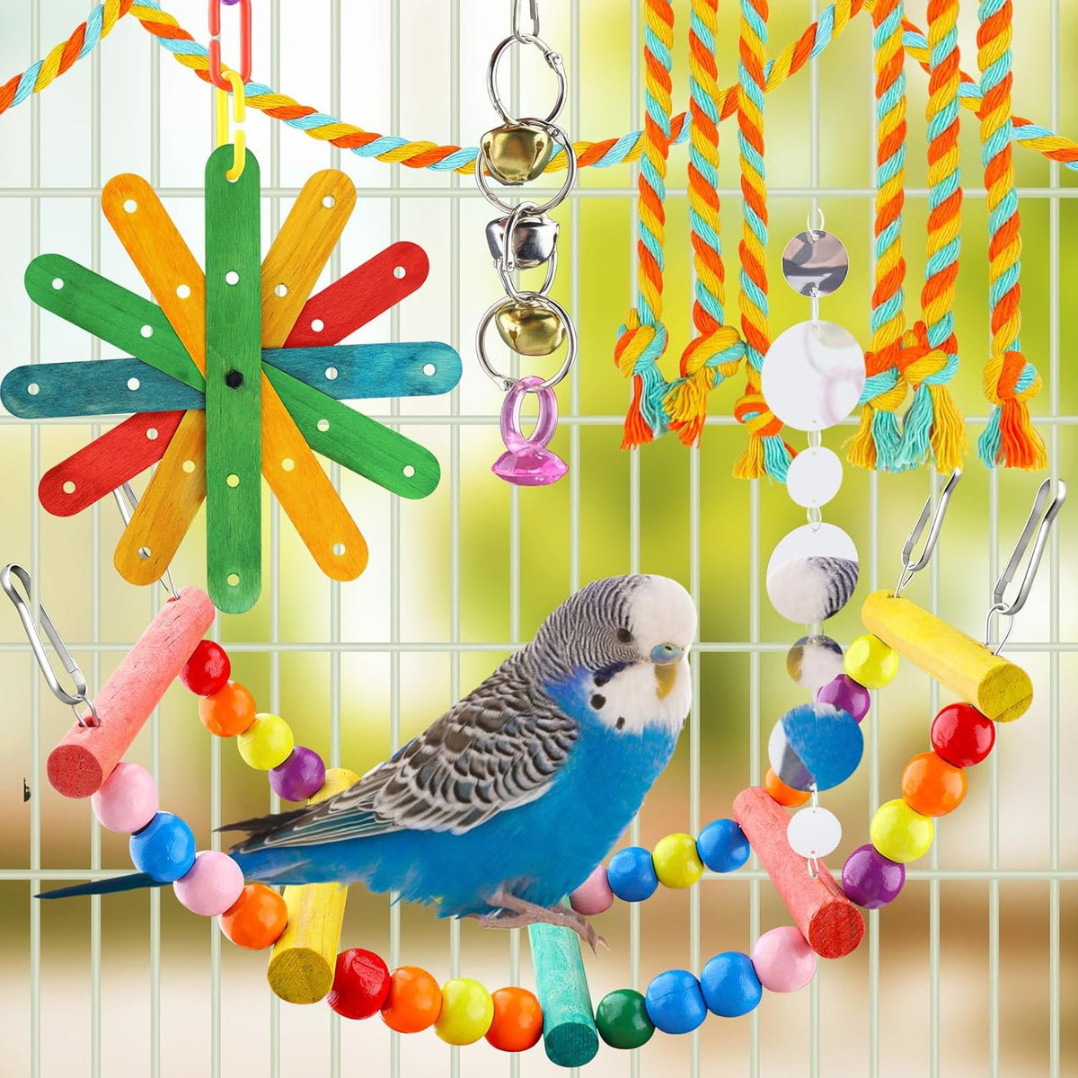 8 pcs Bird Toys for Parakeets with Colorful Ladder Hammock Bird Cage Accessories Bird Perch Stand