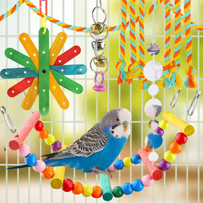 8 pcs Bird Toys for Parakeets with Colorful Ladder Hammock Bird Cage Accessories Bird Perch Stand